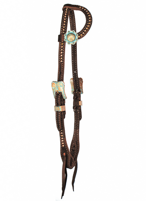 "Nipomo" Copper Turquoise Patina Dotted Chocolate Harness One Ear Headstall - Andrea Equine