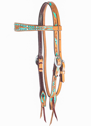 Hand Tooled Metallic Turquoise Browband headstall w/ Swarovski Crystals - Andrea Equine