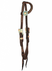 "Nipomo" Copper Turquoise Patina Dotted Chocolate Harness One Ear Headstall - Andrea Equine