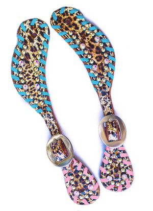 Turquoise Rose Leopard Spur Straps w/ Swarovski Crystals & Whip Lace cheetah