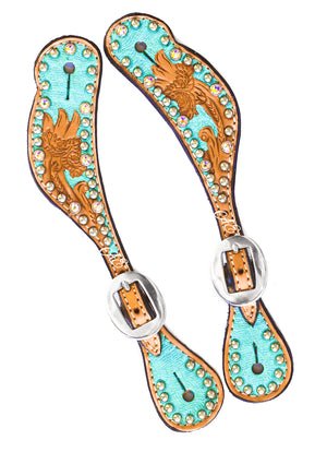 "Andrea" Hand Tooled Metallic Turquoise Spur Straps w/ Swarovski Crystals - Andrea Equine