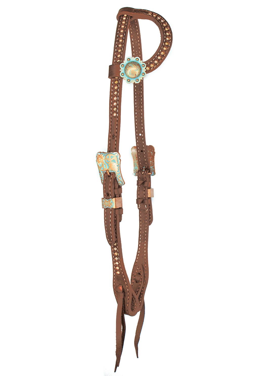 "Nipomo" Copper Turquoise Patina Dotted Chocolate Harness One Ear Headstall - Andrea Equine